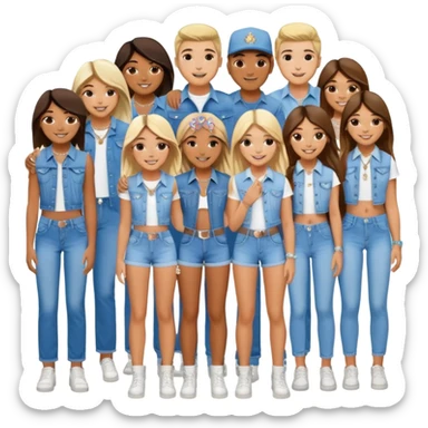 Group of 19 friends at Coachella festival in matching denim and diamonds themed outfits (9 girls and 10 boys) sticker