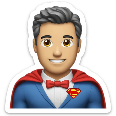 An employee of a real estate agency in a Superman suit with a red letter e on his chest sticker