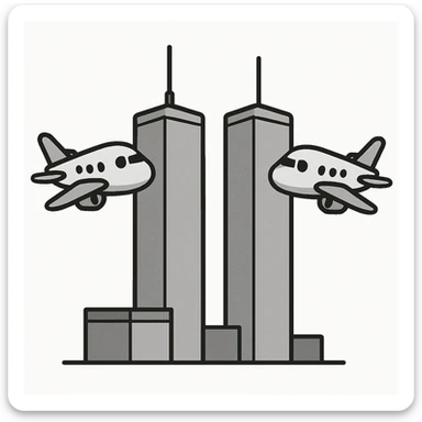 twin towers avec deux avions s'approchant, style minimaliste, couleurs neutres, pas de fumée ni de feu, ambiance neutre sticker