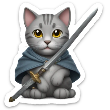 gray cat with a nice and cute sword sticker