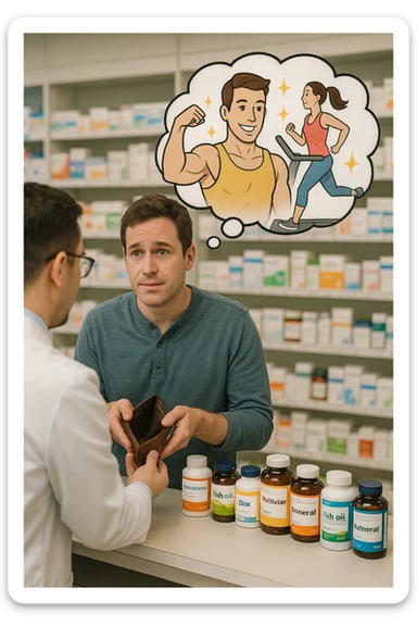 a man stands at a pharmacy counter, handing over a nearly empty wallet to the cashier while the counter is filled with bottles of supplements and vitamins. His expression is hopeful but slightly anxious. In the background, a thought bubble shows exaggerated images of instant health and fitness, symbolizing unrealistic expectations.  in italiano super realistica sticker
