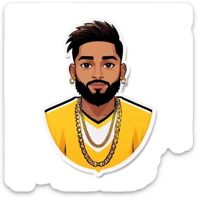 indian boy, with low taper fade and fluffy hair striahgt, , and a started beard, wearing gold chains, with earing.\ sticker