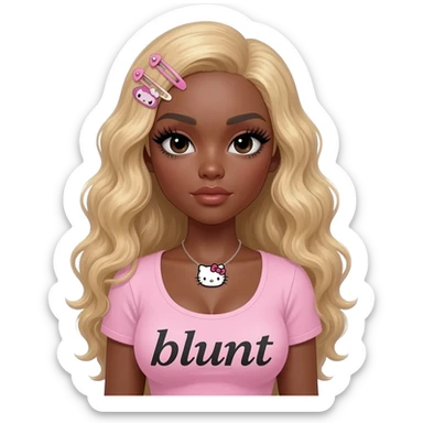 Long giant lashes, my melody hairclip, Doll faced shaped, hello kitty necklace, bimbo, black doll eyes, barbie, dark brown skin with long curly blonde hair, light pink bimbo shirt says "blunt" , big breast sticker