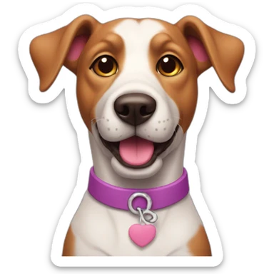 a purple dog with a brown nose and a pink collar with a bone happy  sticker