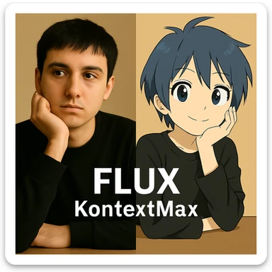 same similar image but chnage the text to "Flux Kontext Max", change people and pose too sticker