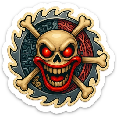 Transform the skull in the sawblade and crossbones image to have the same evil clown skull features as the reference: exaggerated red eyes, wide sinister grin, clown-like red mouth, and menacing expression. Keep all other elements (sawblade, crossbones, mechanical and organic details) inside the image borders, in retro sticker style, bold outlines, vibrant colors. sticker