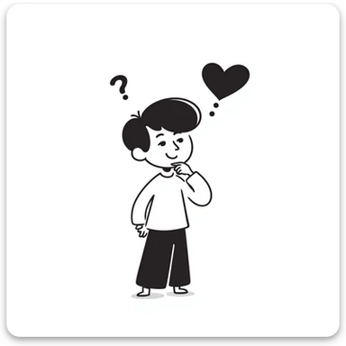 boy with hand on chin, thought bubble with a heart and question mark, simple lines sticker