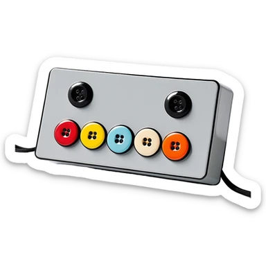 Gray rectangular button box with black cord and four multicolored small circle buttons sticker