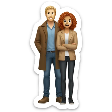 blonde man with curly hair on one knee in front of a woman with red hair in a tan coat sticker