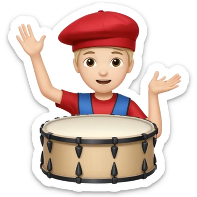 A young boy with a cap, wearing team colors, banging a small drum excitedly. sticker