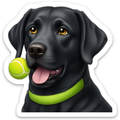 Black Labrador retriever holding tennis ball in mouth small eyes gray hair on chin sticker