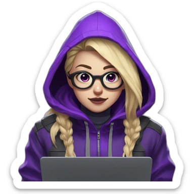 Girl blond artist with round glasses left side behind his laptop with this style: valorant riot Game purple character purple black hooded hacker themed character sticker