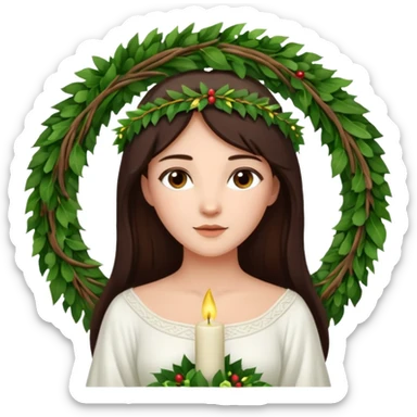  saint lucia with dark brown hair with a white gown and a wreath made from greenery with candles on top of the wreath sticker