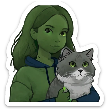 Brunette girl with dark blue sweatshirt holding a fluffy grey Siberian cat sticker