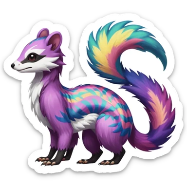 Colorful diaphanous Trico-Wickerbeast-Sergal-Skunk-Ferret-Furret-Marsupial-Vernid-fusion-Fakemon-animal-hybrid-creature, full body sticker