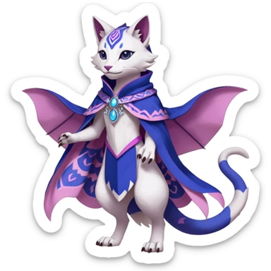 Kawaii white, indigo, purple, pink cute beautiful pretty elegant divine edgy feline-vernid-sergal-Fakémon-Pokémon-Digimon-fursona-animal-creature, full body, with intricate detailed markings, Embroidered capelet, silken shawl sticker