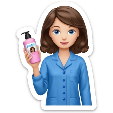 Barbie girl with makeup, blue eyes , and bob long haircut wavy, short brown hair in brown pajamas, face cream in hand sticker