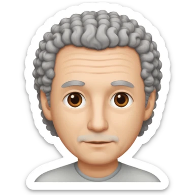 Illustrated emoji of a middle aged man with receding grey curly hair, brown eyes, white skin sticker