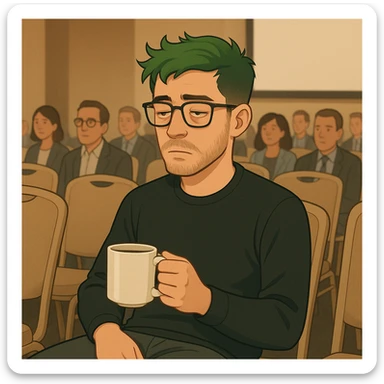 Transform the green-haired male software developer into a scene where he is sitting in a chair at a conference, holding a coffee mug, with eyes barely open as if very tired. Keep the character's green hair and tired expression prominent, and depict a conference setting around him. sticker