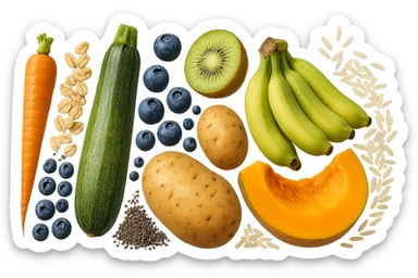 carota, fiocchi di avena, zucchine, kiwi, mirtilli, semi di chia, patate, banane acerbe, zucca, riso fluttuano in aria verticalmente, iperrealistici 4k sticker