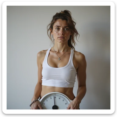 adult woman, photorealistic, diet plateau, standing on scale with disappointed expression, weight chart steady in hand, natural light, bathroom background sticker