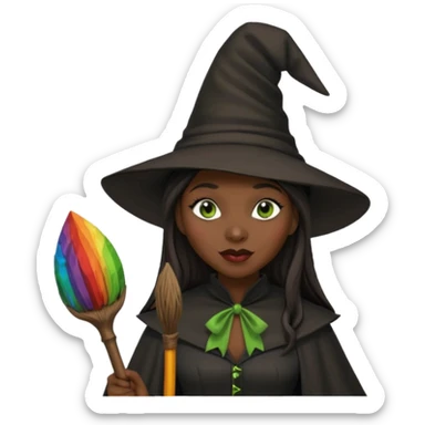 elphaba the wicked witch from wicked movie (cynthia erivo) dark long hair, thick lips, witch hat, broom sticker