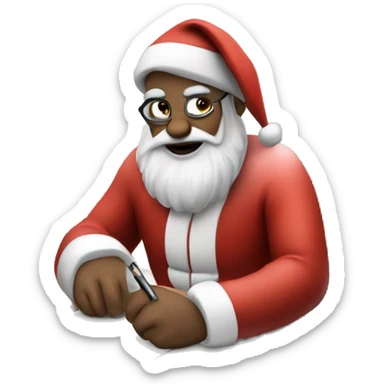 Santa is sitting on a desk, writing something down, solving complicated math problems in an exercise book sticker
