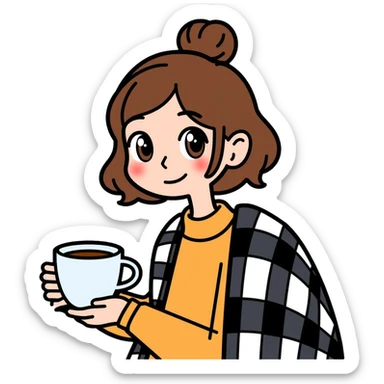 A 16-year-old girl with brown eyes and brown hair, with a black and white checkered blanket on her back, holding a white cup of tea in her hand sticker
