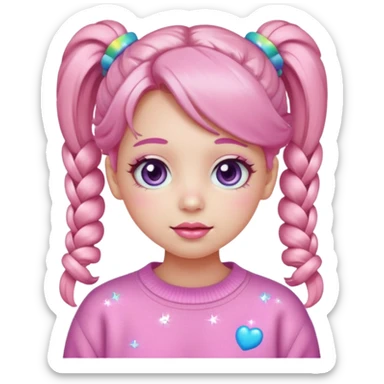 “Emoji girl, pastel pink blush, sparkly wide eyes, glossy bubblegum lips, hair in cute pigtails with colorful clips, wearing oversized pastel sweater.” sticker
