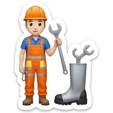 railway engineer, looking tired in full orange overalls, boots, holding a spanner emoji sticker