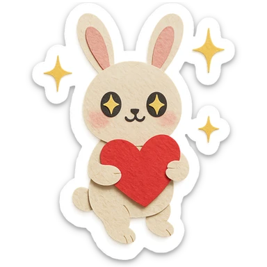 full-body milky white bunny with sparkling eyes, holding a big heart, sparkles floating around, dreamy pose, paper-craft style sticker