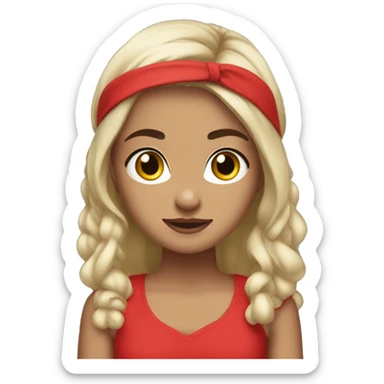 A brunett Riley wearing red clothes and headband sticker