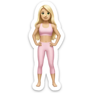 A blonde white girl in a light pink fitness suit with a full-length fitness mat sticker