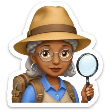 Explorer old black woman with hat and magnifying glass and backpack, portrait sticker