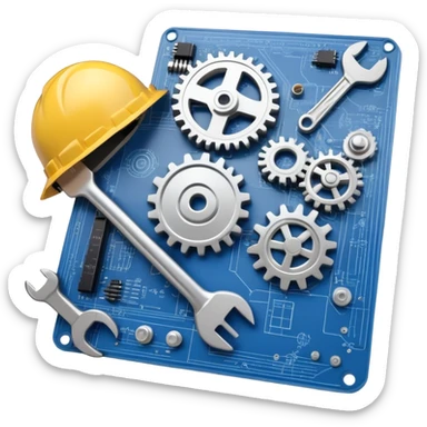 An icon featuring a gear, a wrench, and a blueprint, symbolizing engineering. The design includes a hard hat, a circuit board, and a ruler, representing problem-solving, design, and technological innovation across various engineering fields. Transparent background sticker