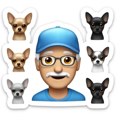 Older man with blue eyes gray hair gray goatee in ball cap holding black longhair chihuahua  sticker