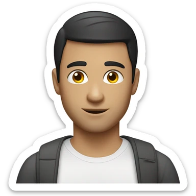 A 30 year old caucasian man with black short hair wearing a tshirt. sticker