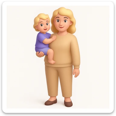 A happy mother with a child in beige clothes in different poses, 3D emoji style sticker