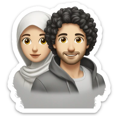 young white European guy with curly black hairs plus girl hijab  sticker
