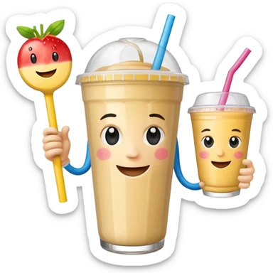 un vector de vaso de batido animado, de caricatura, con tapa y pitillo, que tenga brazos y piernas, cara tierna y que inspire confianza y amabilidad sticker