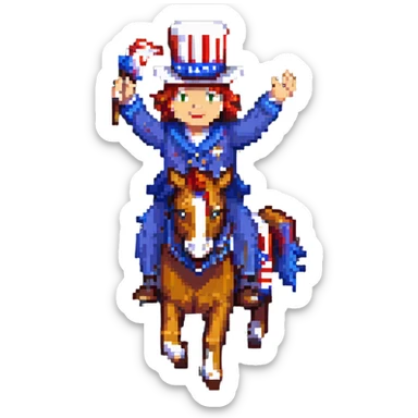 pixel art of Yankee Doodle riding a horse, waving a hat sticker