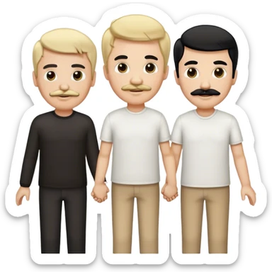 Three men holding hands, all white, one with blonde hair, one with black hair and a mustache, and one with brown hair sticker