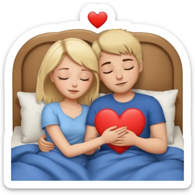 cuddling in bed, asleep. blonde girl. brunette man. eyes closed. heart between them. no headboard sticker
