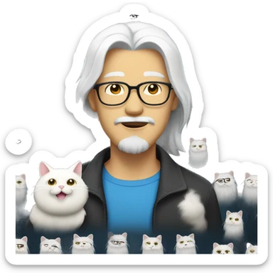 Handsome Asian man with round face, beard, glasses and a white long hair cat. The cat have one blue eye and one yellow eye sticker