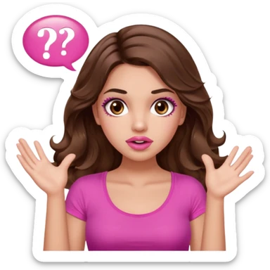 girl with long wavy brown hair, brown eyes, long lashes makeup, sexy pink lips, light to medium complexion, pink sexy top, two hands up, shrugging, confused questions mark bubble sign sticker