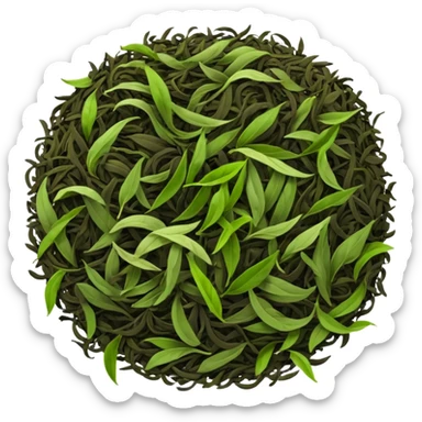 pile of loose tea leaves, scattered or clustered, curled and twisted, dark brown, black, green, olive, dry and crinkled, fine texture, clean style sticker
