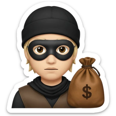 robber wears black eye mask and black beanies with money bag beside him sticker