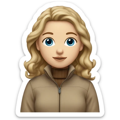 White girl with dark blonde wavy hair and blue eyes. She wears a beige lubber jacket with a brown turtle neck pullover and a brown beanie on her head. sticker