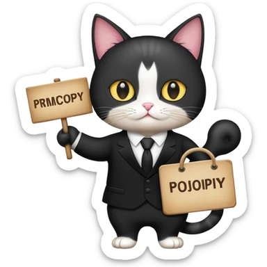 Cat in a black suit holding a sign with the inscription “PrimeCopy” sticker
