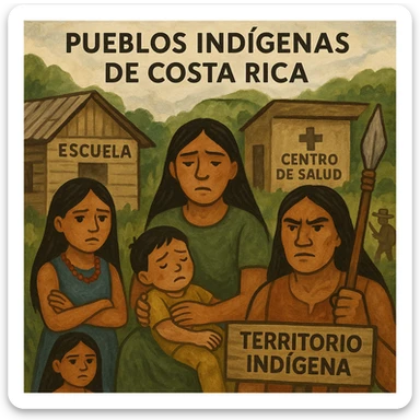 composition illustrating the issues faced by Costa Rican indigenous peoples: absence of schools, lack of medical centers, and struggle to protect their territories sticker